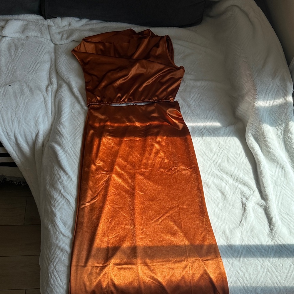 Sleek Orange Satin Skirt&Dress set